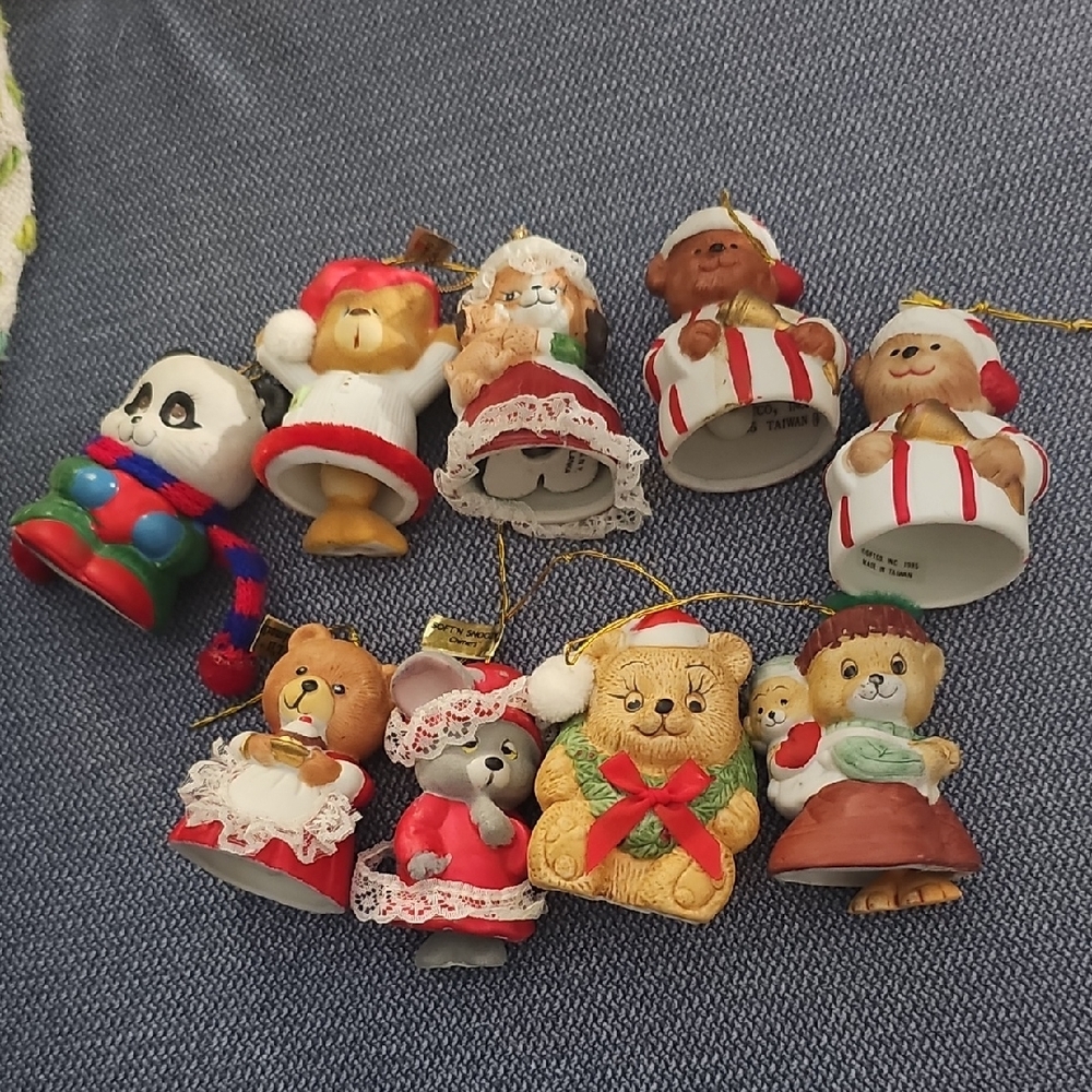 VINTAGE 80s 9 Christmas Bell Ornaments Bear Mouse Panda Retro Lace Dog